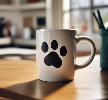 A warm kitchen corner showcasing a mug decorated with a heartwarming dog design, steam rising gently.