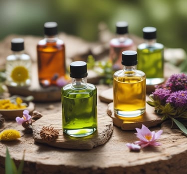 An elegant bottle of botanical oil surrounded by fresh herbs and flowers.