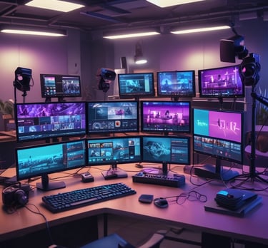 A vibrant team collaborating over live streaming setups with Indonesian market visuals.