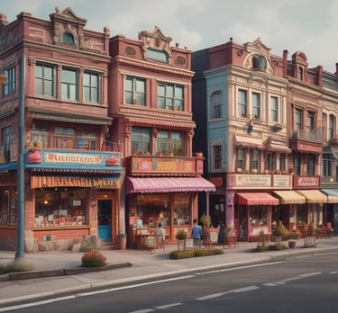A richly stocked delicatessen displaying an array of cured meats, cheeses, and other gourmet foods. Various types of sausages and hams hang from the ceiling, while wheels of cheese and packaged goods are arranged on the countertop. There are shelves with wine bottles and boxes of pasta, creating a cozy and inviting atmosphere.