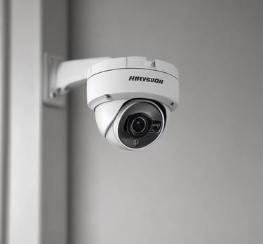 A cylindrical security camera with the brand name visible on its side, positioned on a white surface. The camera lens and sensor are prominent, and it is attached to a mounting bracket.