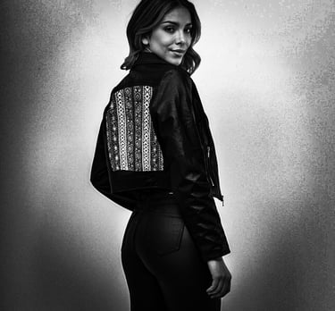 Modelo en blanco y negro con chaqueta oscura y arte en la espalda de Sandra Amaya
