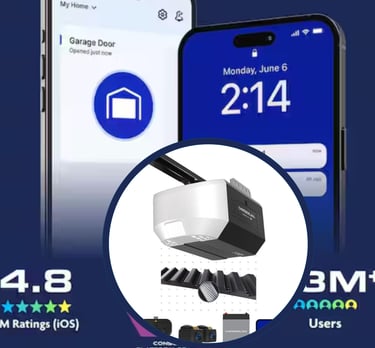 Smart Chamberlain garage door opener with smartphone app control interface and belt drive components.