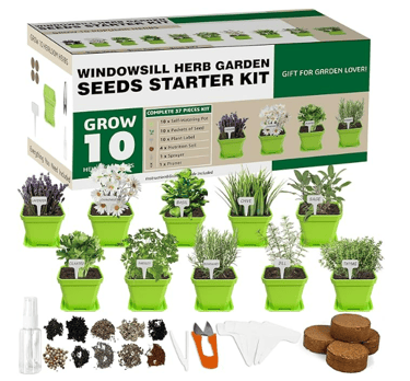 windowsill herb harden seeds starter kit with multiple plant pictures and other kit essentials