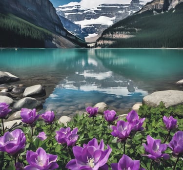 Lake Louise Rocky Mountains a lake with purple flowers and mountains in the background