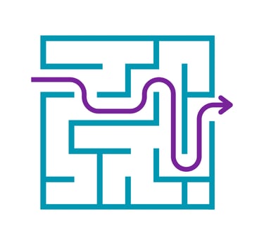 White background with a maze and a purple arrow showing the path out