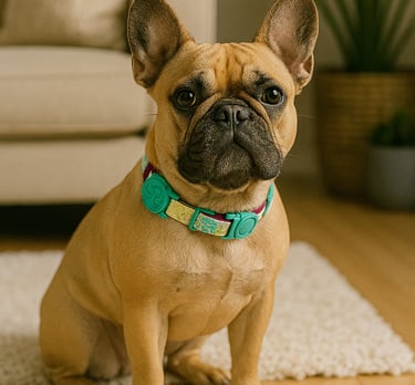 cachorro usando coleira em uma sala