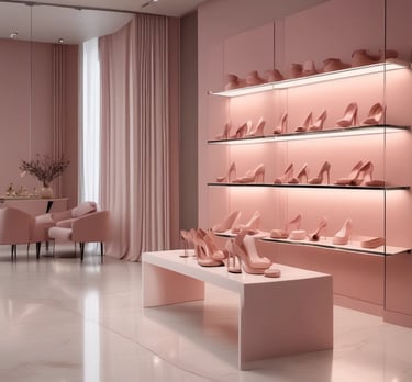 Designer women’s shoes and high heels displayed in a luxury boutique with blush pink and beige tones