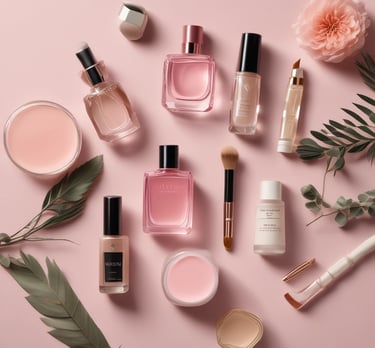 Premium skincare, perfumes, and makeup flat lay on soft pink background, from Amazon Luxury Beauty S