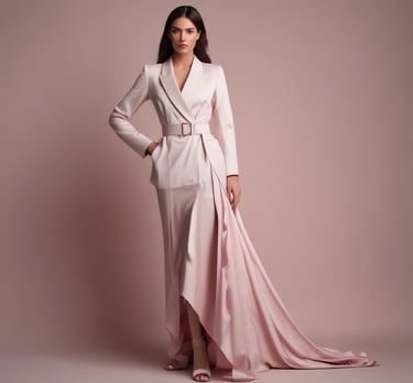 Luxury women’s clothing collection with elegant dresses and suits in soft pink tones, curated by Mly
