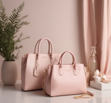 Designer handbags and luxury purses displayed in a minimalist boutique, part of Amazon Luxury Stores
