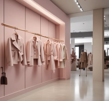 Elegant women’s coats and jackets in a soft pink boutique, luxury outerwear collection curated by Ml