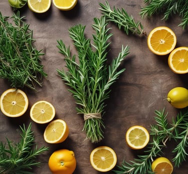 Close-up of a drop of aromatic oil falling onto fresh lemon and rosemary leaves, highlighting natural ingredients.