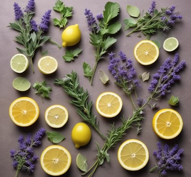 Soft lavender and chamomile flowers resting beside a bottle of soothing skin care product.