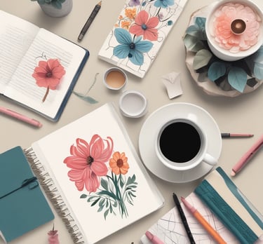 A journal with a simple design of a white branch and leaves on a brown cover rests on a table. Next to it, a box of stationery supplies, including tape and colored circles, is visible. A pen is tucked into the journal, which sits on top of a closed burgundy folder.