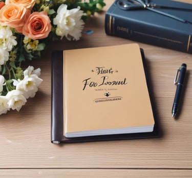 A set of four stacked journals with hardcovers and elastic bands securing them. The colors of the covers and bands include blue, black, gray, and orange. The journals are arranged neatly from a close-up perspective.