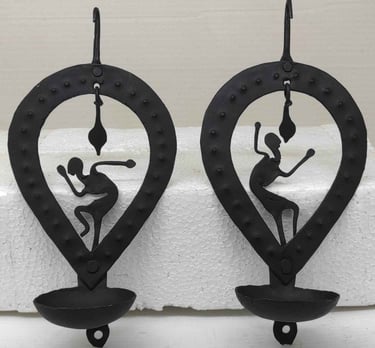 "Tribal handcrafted twin-holder hanging oil lamp–wrought iron decor-for foreign markets"