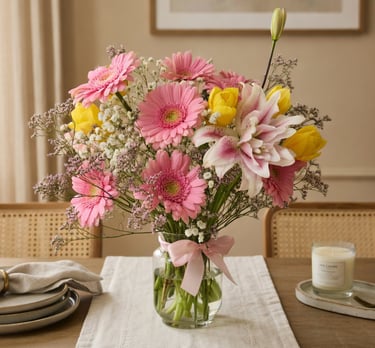 Floral bouquet of pink gerbera daisies, lilies, and yellow tulips in a glass vase on a dining table.