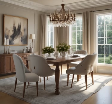 a dining room with a chandelier and a chandelier