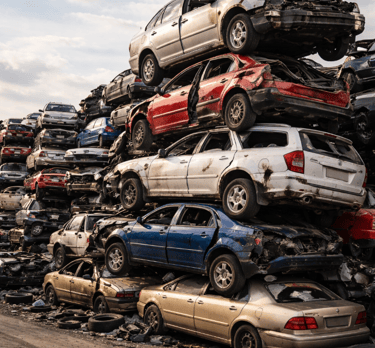 A high stack of crushed scrap cars at an outdoor junkyard for recycling and spare auto parts.
