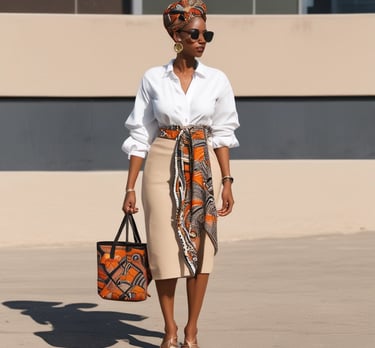 A person wearing a vibrant yellow and brown patterned traditional outfit, including a headwrap and matching dress. They are holding a brown handbag with gold chain details. The background is a solid light blue, and the person is accessorized with gold jewelry, including earrings and a necklace.