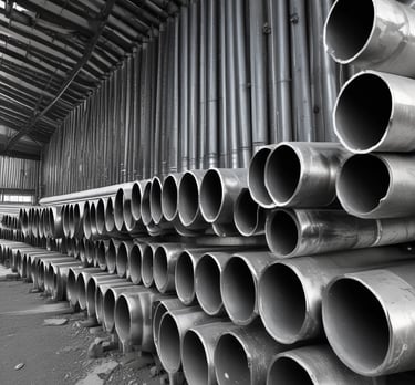 Various steel tubes displayed in a warehouse.