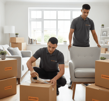 Quickow home removal team packing boxes in a UK living room.