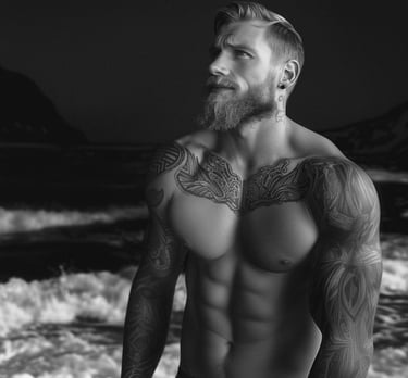 Imagen en blanco y negro de un hombre sin camiseta en el borde del mar.