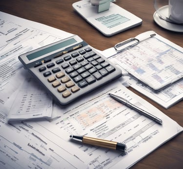 books on brown wooden shelfFinacial records with a calculator