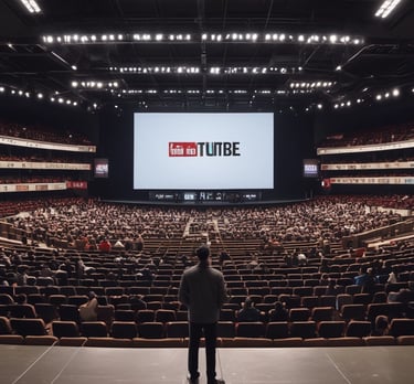 a man standing in front of a large screen in a large auditorium