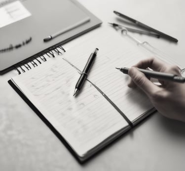A notebook with lined paper is open, showing handwritten notes in blue ink. A blue pen is lying across the pages, and a red pen with a visible brand name is partially seen above it. The notes mention providing project schedules and deadlines and preparing a PPT for a public meeting scheduled for September 14th.
