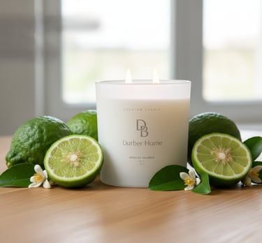 a candle with lime and limeade on a table