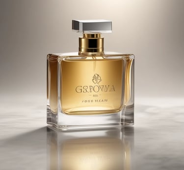 A luxurious bottle of Grooviaa perfume elegantly displayed against a soft, blurred background.