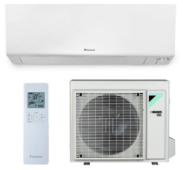 a white air conditioner with a remote control