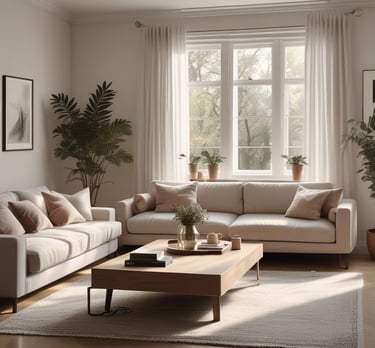 A laptop displays a web browser on the eBay homepage, showing a prominent green advertisement offering up to 70% off on Apple tech with a two-year warranty. The ad features images of a smartwatch and a smartphone. The surrounding environment includes a wooden table and blurred indoor plants in the background.