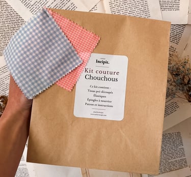 Kit couture duo de chouchous vichy bleu et rose Feat Coop