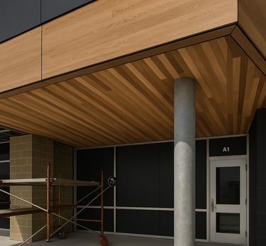 a building with a wooden roof and a wooden roof