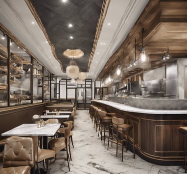 A restaurant with a marble bar and tables.