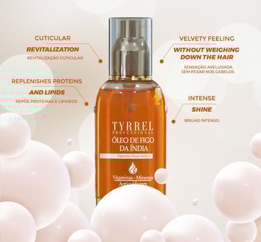 a bottle of hair oil with a description of the product