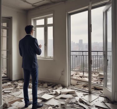 A group of people dressed in formal attire are standing in front of a real estate office. The storefront displays a large sign with an URL and various social media icons, and text in a foreign language. The group mostly consists of men in white shirts and dark trousers, standing in a straight line, with two women at either end of the row.