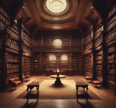 A cozy reading nook with books and a warm light.