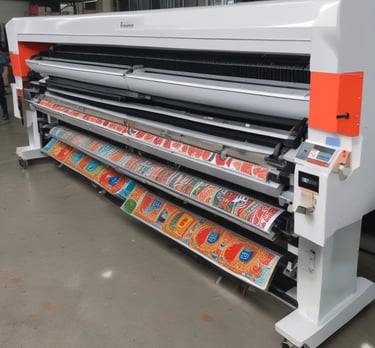 A large digital printing machine inside a room, producing a vivid banner with pink, black, and white colors. The machine has a blue exterior with multiple control buttons and switches, situated against a neutral-colored wall with a few posters and signs.