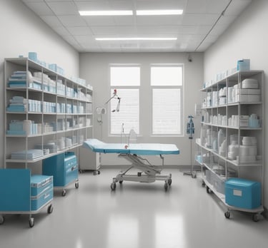 Medical equipment is neatly mounted on a white wall, including an otoscope, an ophthalmoscope, a sphygmomanometer, and a thermometer. The layout suggests a clinical setting likely intended for patient examination.