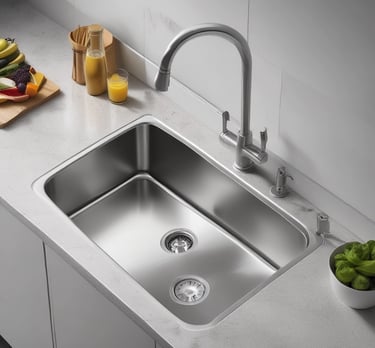 A modern, minimalist kitchen sink with a sleek, metallic faucet. The sink is white, and the faucet has a brushed metal finish, adding a contemporary touch. The kitchen setting appears clean and uncluttered, emphasizing simplicity and functionality.
