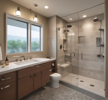 A modern bathroom features a large glass-enclosed shower with metallic fixtures and a bathtub adorned with mosaic tiles. A vibrant blue vanity with silver handles stands against the wall, topped with a marble counter and a large mirror. Bright lights illuminate the space, and a bouquet of flowers in a blue vase adds a touch of color.