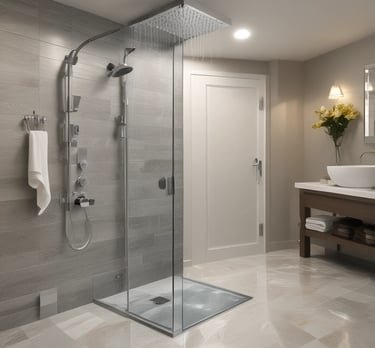 A luxurious bathroom with a detailed marble countertop and a bronze faucet. A decorative flower arrangement in a vase adds elegance. Wooden cabinets with glass doors offer storage, complemented by overhead lighting. The walk-in shower features large, diagonally laid brown tiles and a glass door.