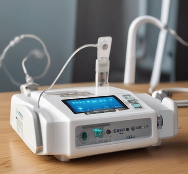 A device labeled 'NEBRA ANYBEAM' is placed on a bed of green grass. The device is rectangular and appears metallic or plastic, with two small round indicators on the top.