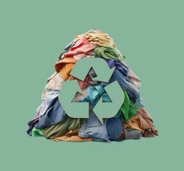 Pile de tissus colorés sur fond vert avec symbole de recyclage, illustration de l’upcycling UP2MEL