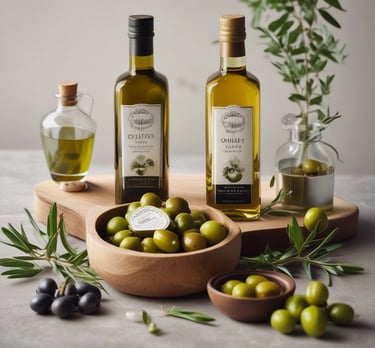 A rustic kitchen setting with olive oil and fresh bread.