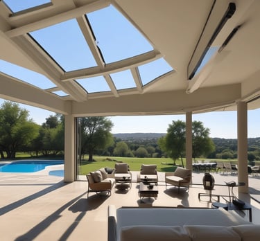 Three woven lampshades hang from a pergola structure made of white beams, with a bright blue sky in the background. Lush green plants rise up to fill the view, creating a natural contrast against the geometric lines above.